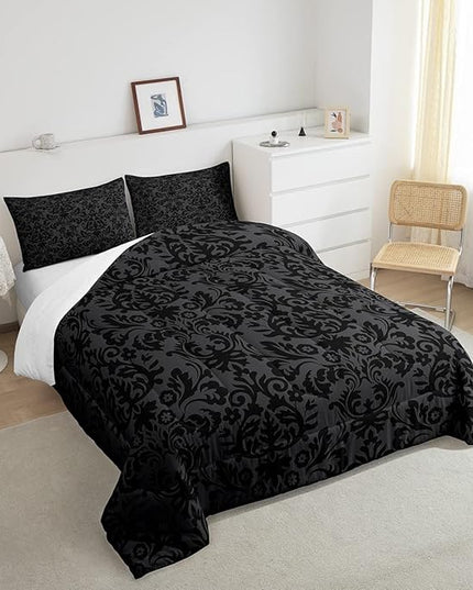 Erosebridal Adults Black Damask Bedding Set Antique Victorian Baroque Down Comforter Queen Gothic Vintage Floral Comforter Set Bohemian Exotic Bedding Quilted Bedroom Decor 2 Pillow Cases - LeafyLoom