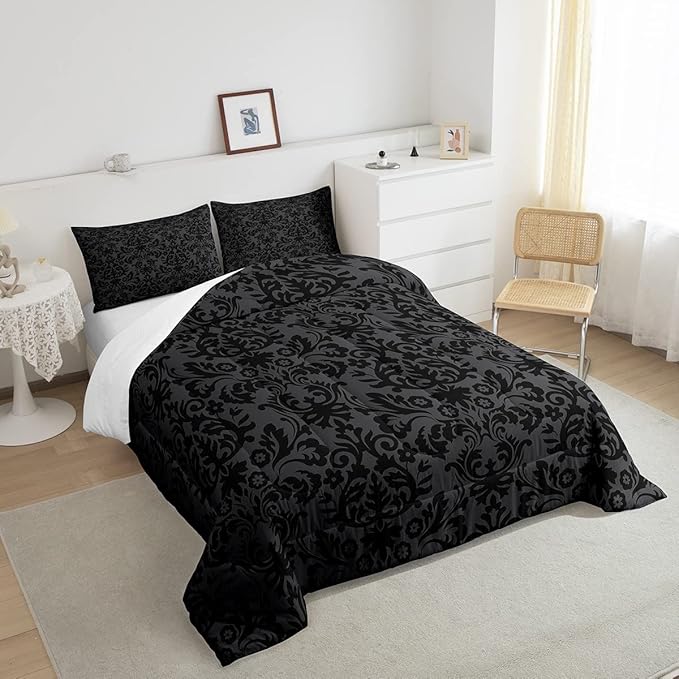 Erosebridal Adults Black Damask Bedding Set Antique Victorian Baroque Down Comforter Queen Gothic Vintage Floral Comforter Set Bohemian Exotic Bedding Quilted Bedroom Decor 2 Pillow Cases - LeafyLoom