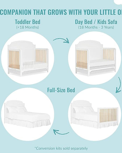JPMA & Greenguard Gold Certified Milton 5-in-1 Convertible Crib Made with Sustainable New Zealand Pinewood in White and Natural, Non-Toxic Finish - LeafyLoom