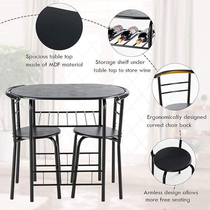 FANTASK 3 Pieces Dining Set, Breakfast Table Set w/Metal Frame and Storage Shelf, Compact Table and 2 Chairs Set for Home Bistro Pub Apartment Kitchen Dining Room Cafe - LeafyLoom