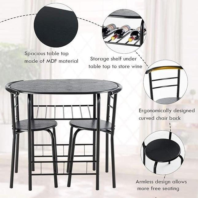 LUARANE 3 Piece Dining Table Set, Small Dining Table for 2 w/Metal Frame & Wine Rack, Breakfast Nook Table Set for Home Bistro Pub Apartment Kitchen Dining Room Cafe (Black) - LeafyLoom