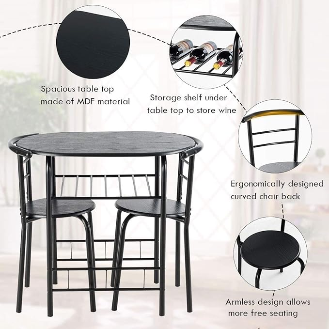 LUARANE 3 Piece Dining Table Set, Small Dining Table for 2 w/Metal Frame & Wine Rack, Breakfast Nook Table Set for Home Bistro Pub Apartment Kitchen Dining Room Cafe (Black) - LeafyLoom
