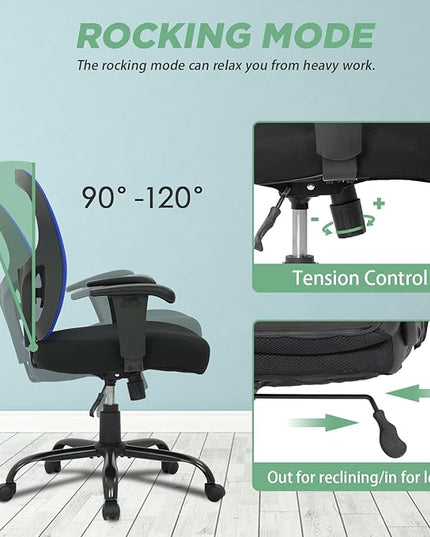 BestOffice Big and Tall Office Chair 400lbs Desk Chair Mesh Computer Chair with Lumbar Support Wide Seat Adjust Arms Rolling Swivel High Back Task Executive Ergonomic Chair for Home Office (Blue) - LeafyLoom