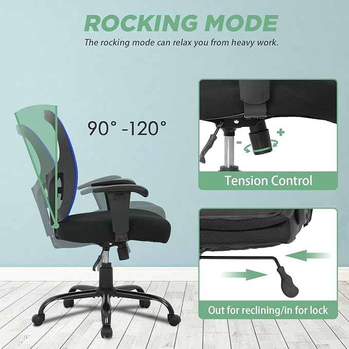 BestOffice Big and Tall Office Chair 400lbs Desk Chair Mesh Computer Chair with Lumbar Support Wide Seat Adjust Arms Rolling Swivel High Back Task Executive Ergonomic Chair for Home Office (Blue) - LeafyLoom