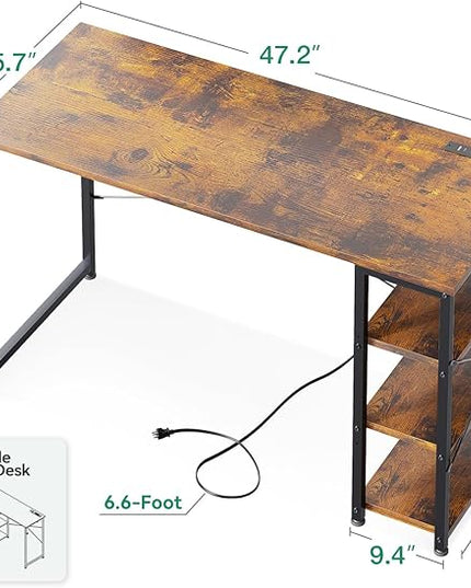AODK Laptop Desk Office Desk, 48 Inch Computer Desk with Power Outlet and USB & Type-C Charging Port, Writing Desk with 3-Tier Reversible Storage Shelf for Home Office, 48'' x 16'', Rustic Brown - LeafyLoom