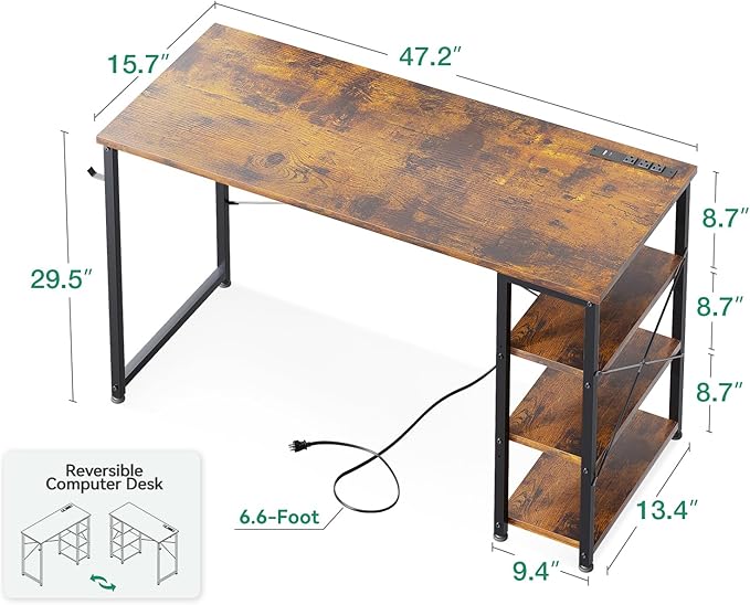 AODK Laptop Desk Office Desk, 48 Inch Computer Desk with Power Outlet and USB & Type-C Charging Port, Writing Desk with 3-Tier Reversible Storage Shelf for Home Office, 48'' x 16'', Rustic Brown - LeafyLoom