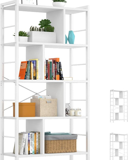 armocity White Bookshelf 5 Tier Tall Industrial Bookcase Wood Metal Frame Standing Book Shelf, Display Bookshelves Storage Organizer for Bedroom Living Room Home Office, White - LeafyLoom