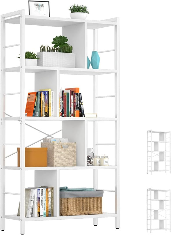 armocity White Bookshelf 5 Tier Tall Industrial Bookcase Wood Metal Frame Standing Book Shelf, Display Bookshelves Storage Organizer for Bedroom Living Room Home Office, White - LeafyLoom