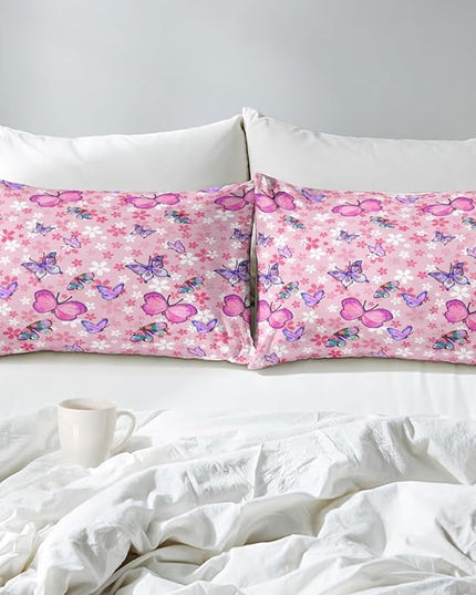 Kids Butterfly Comforter Set - Butterfly Queen Bedding Set Pink Butterflies Prints Bedding Set for Girls Room Cute Princess Bedding Set for All Season Butterfly Bed Set, 1 Comforter + 2 Pillowcases - LeafyLoom