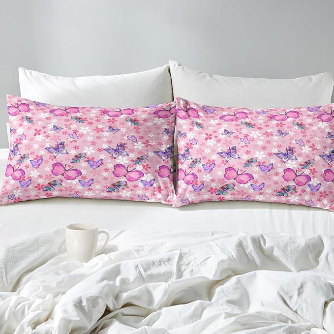 Kids Butterfly Comforter Set - Butterfly Full Bedding Set Pink Butterflies Prints Bedding Set for Girls Room Cute Princess Bedding Sets for All Season Butterfly Bed Set, 1 Comforter + 2 Pillowcases - LeafyLoom