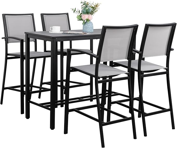 Shintenchi Patio Dining Sets, All Weather Textile Fabric Outdoor High Stool Bistro Set with 4 Bar Chairs and High Glass Table for Home, Backyard, Garden, Lawn, Porch, 5 Pieces - LeafyLoom