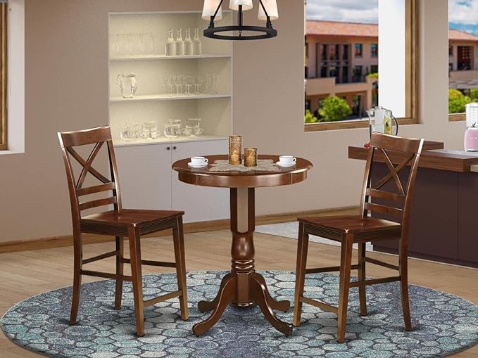 East West Furniture Eden 3 Piece Counter Height Set for Small Spaces Contains a Round Dining Room Table with Pedestal and 2 Wooden Seat Chairs, 30x30 Inch, Mahogany - LeafyLoom