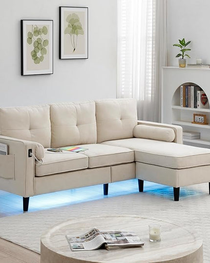 3 Seater L Shaped Convertible Sectional Sofa Couch with Reversible Chaise , Linen Upholstered Corner Sleeper Lounge Sofá with 2 USB Ports and LED Lights ,Storage for Small Space Living Room Apartment - LeafyLoom
