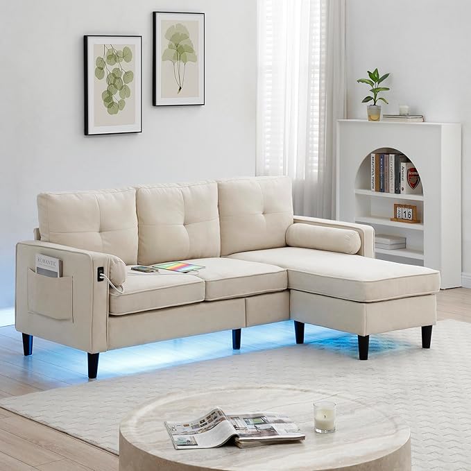 3 Seater L Shaped Convertible Sectional Sofa Couch with Reversible Chaise , Linen Upholstered Corner Sleeper Lounge Sofá with 2 USB Ports and LED Lights ,Storage for Small Space Living Room Apartment - LeafyLoom