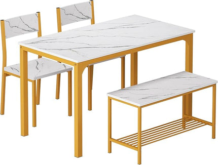 SogesHome 4 Piece Kitchen Dining Table Set for 4, Kitchen Table Bench Chairs Setfor 4, Space-Saving Table Set for Restaurant, Coffee Shop, Golden - LeafyLoom