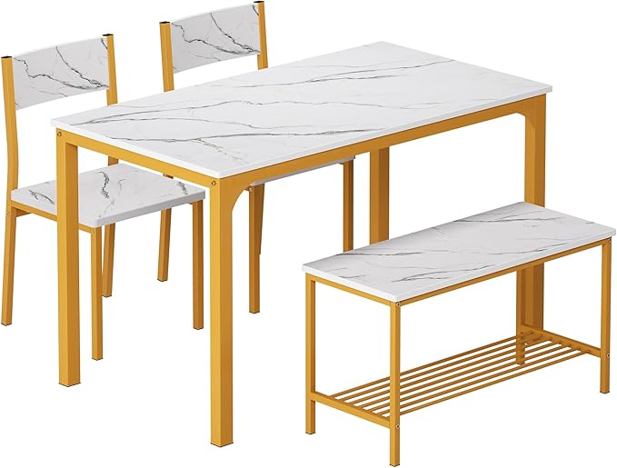 SogesHome 4 Piece Kitchen Dining Table Set for 4, Kitchen Table Bench Chairs Setfor 4, Space-Saving Table Set for Restaurant, Coffee Shop, Golden - LeafyLoom