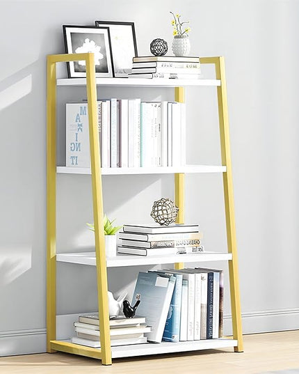 IOTXY 4 Tier Open Bookshelf - Steel and Wood Display Stand, 50CM Width Floor-Standing Bookcase, Gold - LeafyLoom