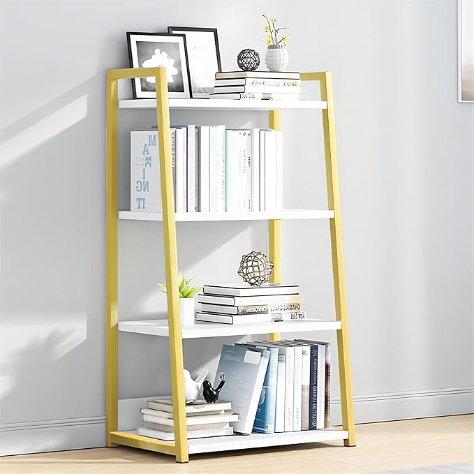 IOTXY 4 Tier Open Bookshelf - Steel and Wood Display Stand, 50CM Width Floor-Standing Bookcase, Gold - LeafyLoom