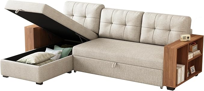 Convertible L Shaped Pull Out Couch with Storage Chaise and Wood Cabinet Armrests,Sectional Sleeper Sofa Bed W/ 3 Removable Back Cushions for Living Room,Office,Apartment,Beige,84" - LeafyLoom
