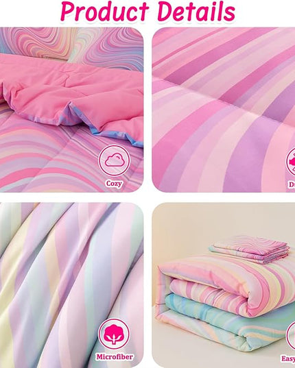 4 Pcs Pink Full Comforter Set for Girls, Tie Dye Superior Kids Teen Bedding Sets, Blue Pink Rainbow Full Size Bedding Set for Girls - LeafyLoom