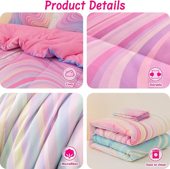 4 Pcs Pink Full Comforter Set for Girls, Tie Dye Superior Kids Teen Bedding Sets, Blue Pink Rainbow Full Size Bedding Set for Girls - LeafyLoom