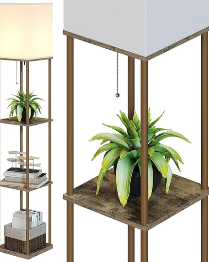 SUNMORY Floor Lamp with Shelves, Modern Square Standing Lamp with 3 Color Temperature Bulb, Corner Display Bookshelf Lamp for Living Room and Bedroom (Withered-leaf Color) - LeafyLoom