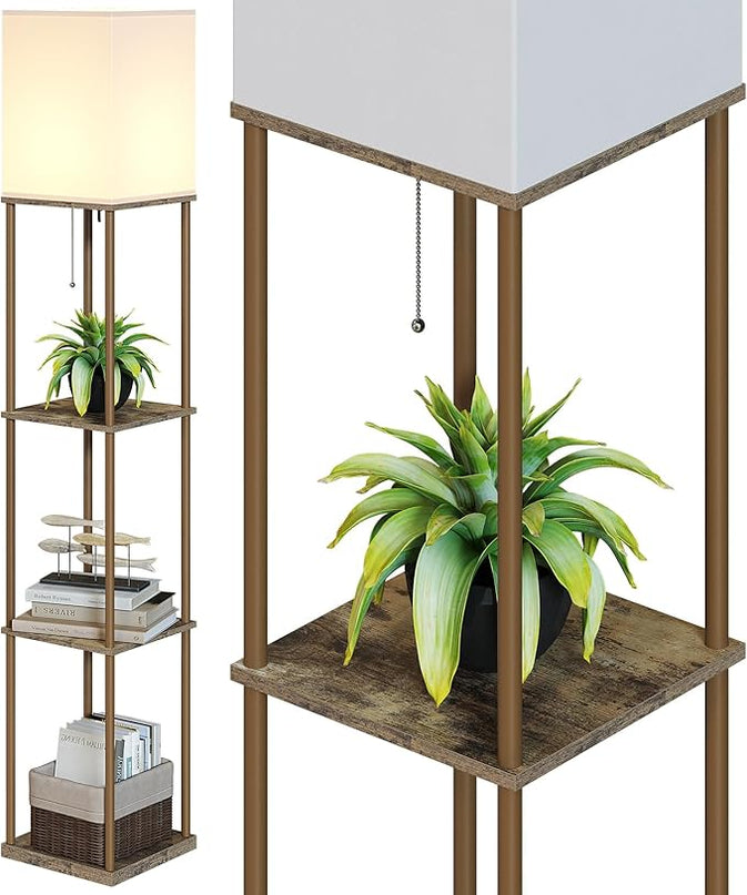 SUNMORY Floor Lamp with Shelves, Modern Square Standing Lamp with 3 Color Temperature Bulb, Corner Display Bookshelf Lamp for Living Room and Bedroom (Withered-leaf Color) - LeafyLoom