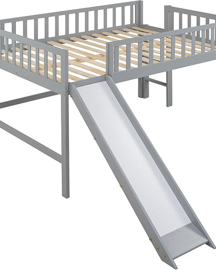 Merax Full Size Wood Low Loft Bed Frame with Slide for Kids Girls Boys,Full Length Guardrails, Gray - LeafyLoom