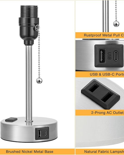 Dicoool Grey Bedroom Lamp for Nightstand - 3 Color Temperature Table Lamp with USB C and A Ports, Pull Chain Bedside Lamp with AC Outlet, Desk Lamp with Silver Metal Base for Kids Girls - LeafyLoom