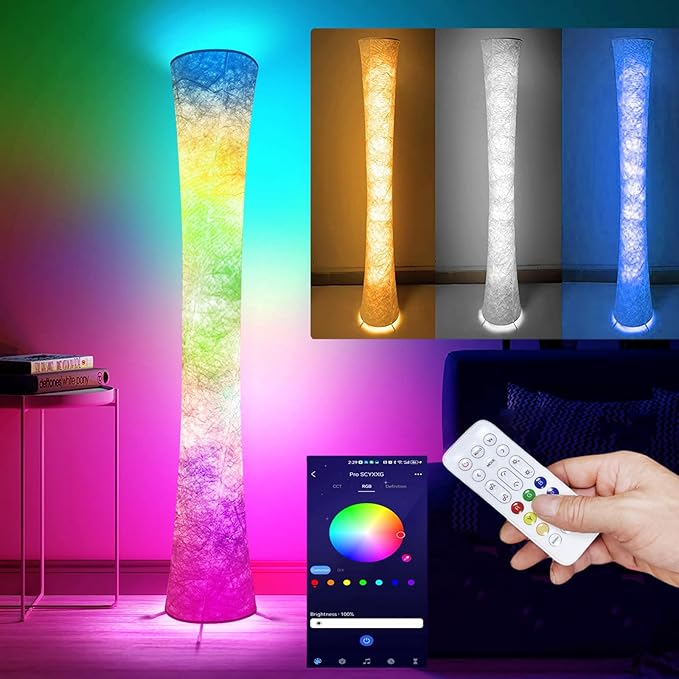 WORLD WIN Smart Led Floor Lamps, RGB Color Changing with APP & Remote Control, 62 Inch DIY Mode Music Sync Standing Modern Corner Lamp Decor for Living Room Bedroom Game, 1 Piece - LeafyLoom