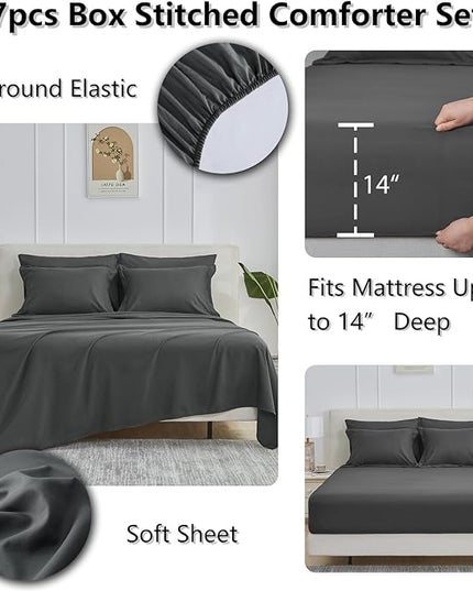CozyLux Full Size Comforter Sets - 7 Pieces Bed in a Bag Set Dark Grey Full, Gray Complete Bedding Sets Bed Set for All Season with Comforter, Flat Sheets, Fitted Sheet, Pillowcases & Shams - LeafyLoom