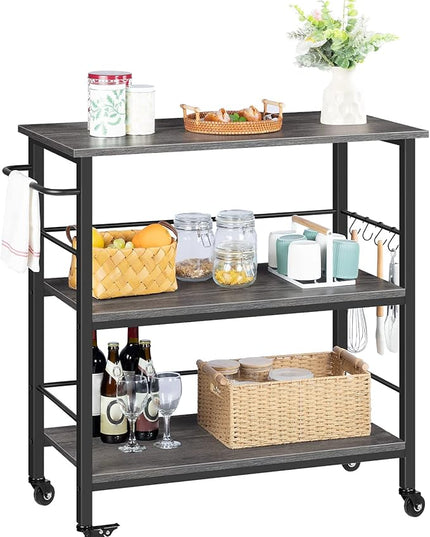 HOOBRO Kitchen Island with Storage,Industrial Kitchen Island on Wheels and Side Enclosures, 3 Tier Kitchen Cart with Large Workstation, Stable, Easy Assembly, Charcoal Gray and Black BC03ZD01 - LeafyLoom