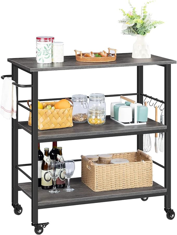 HOOBRO Kitchen Island with Storage,Industrial Kitchen Island on Wheels and Side Enclosures, 3 Tier Kitchen Cart with Large Workstation, Stable, Easy Assembly, Charcoal Gray and Black BC03ZD01 - LeafyLoom