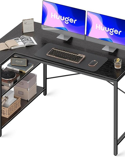 L Shaped Desk, 47 Inches Computer Desk with Reversible Storage Shelves, Gaming Desk, Corner Desk Home Office Desks, Writing Desk Study Desk with Metal Frame, Black - LeafyLoom