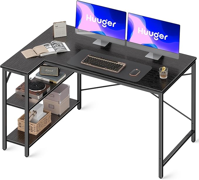 L Shaped Desk, 47 Inches Computer Desk with Reversible Storage Shelves, Gaming Desk, Corner Desk Home Office Desks, Writing Desk Study Desk with Metal Frame, Black - LeafyLoom