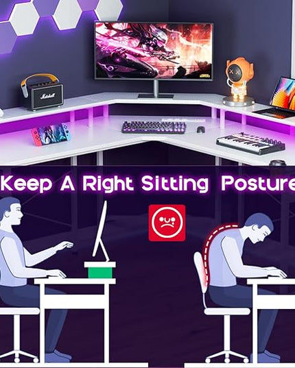 ODK L Shaped Gaming Desk with LED Lights & Power Outlets, 51" Computer Desk with Full Monitor Stand, Corner Desk with Cup Holder, Gaming Table with Hooks, White Carbon Fiber - LeafyLoom
