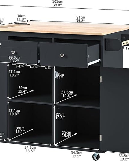 Kitchen Island with Storage, Rolling Table on Wheels w/Power Outlet, Drop Leaf and Rubber Wood Contertop, Wine Rack for Dinning Room - LeafyLoom