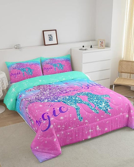 Unicorn Duvet Insert Queen Size,Glitter Starry Sky Comforter Set,Pink Blue Gradient Bedding Set,Sparkel Sequins Animal Down Comforter For Girls Teens Women Youth,3Pcs Magical Unicorn Quilt Comforter - LeafyLoom
