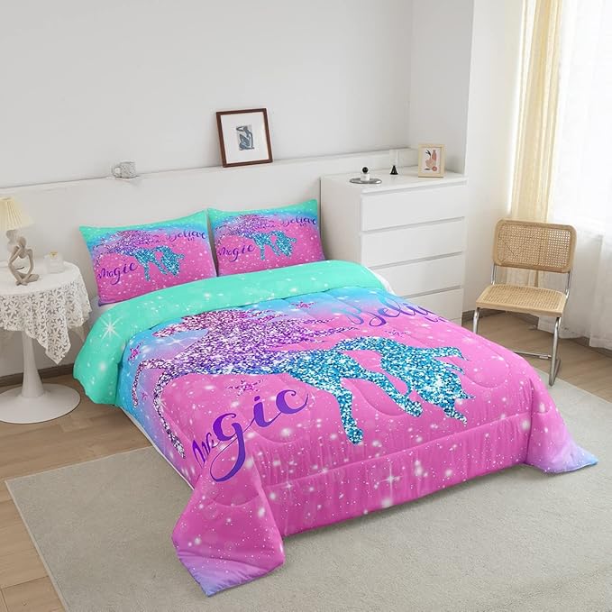Unicorn Duvet Insert Queen Size,Glitter Starry Sky Comforter Set,Pink Blue Gradient Bedding Set,Sparkel Sequins Animal Down Comforter For Girls Teens Women Youth,3Pcs Magical Unicorn Quilt Comforter - LeafyLoom