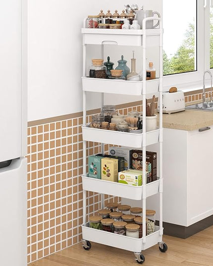 5-Tier Rolling Utility Cart，Trolley with Drawer, Multifunctional Storage Organizer with Plastic Shelf & Metal Wheels, Storage Cart for Living Room, Kitchen, Office, Bathroom, White - LeafyLoom