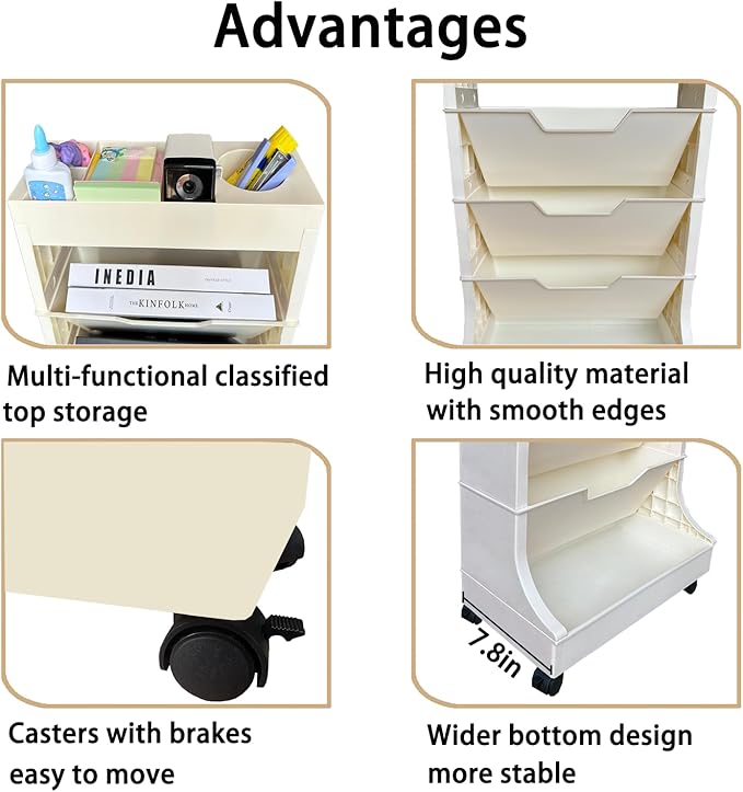 5-Tier Mobile Bookshelf, Book Storage Organization with Wheels Movable Rolling Book Cart for Study in Bedroom School Office, Light Yellow Drcoevo - LeafyLoom