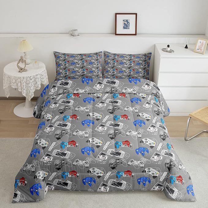Erosebridal Gaming Comforter Set for Boys Video Games Gamer Bedding King Size Teens Kids Games Room Decor Reversible Quilt for All Season Home Decoration Cool Gamepad Print Down Comforter, Grey White - LeafyLoom