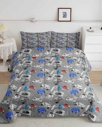 Gaming Bedding Comforters Gamer Comforter Set for Boys Kids Cartoon Gamepad Bedding Duvet Video Games Controller Home Decoration for All Season,1 Comforter Set + 2 Pillowcases, Full Size (Grey, White) - LeafyLoom