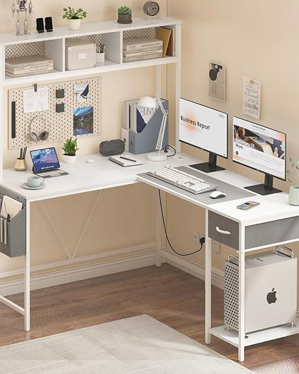 Yoobure L Shaped Desk Gaming Desk with LED Strip & Power Outlet, Reversible L-Shaped Computer Desk with Storage Shelf & Drawer, Corner Desk with Storage Bag, 2 Person Home Office Desk, White - LeafyLoom