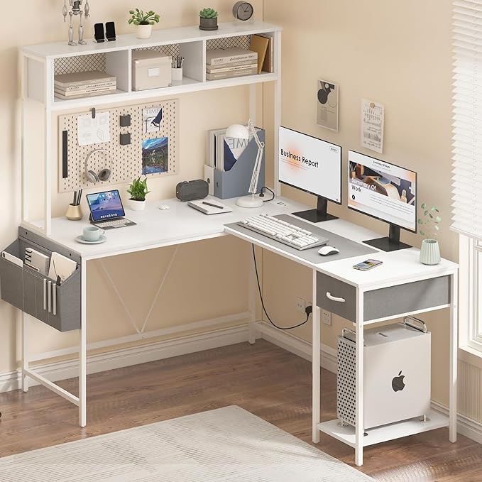 Yoobure L Shaped Desk Gaming Desk with LED Strip & Power Outlet, Reversible L-Shaped Computer Desk with Storage Shelf & Drawer, Corner Desk with Storage Bag, 2 Person Home Office Desk, White - LeafyLoom