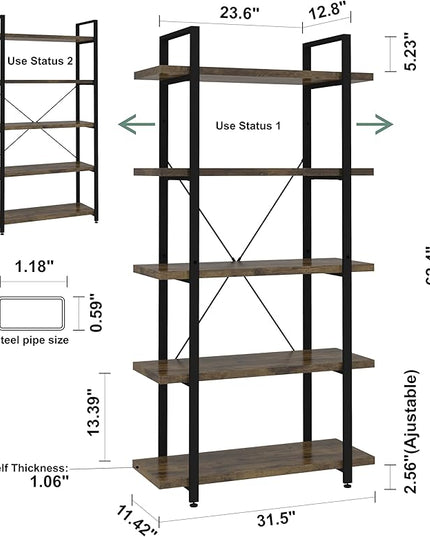 Panana 5 Tier Industrial Rustic Wooden Bookshelves, Vintage Open Wood and Metal Farmhouse Bookshelf Heavy Duty Storage Shelving Unit Rack (Brown) - LeafyLoom