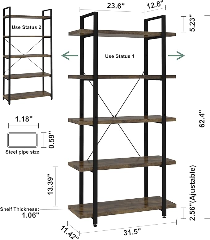 Panana 5 Tier Industrial Rustic Wooden Bookshelves, Vintage Open Wood and Metal Farmhouse Bookshelf Heavy Duty Storage Shelving Unit Rack (Brown) - LeafyLoom