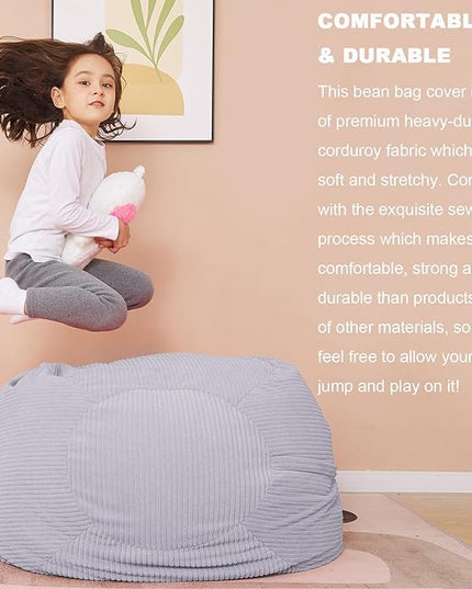 Stuffed Animal Storage Bean Bag Chair Cover for Kids, 38" Beanbag Chairs Cover Plush Toys Organizer Super Soft Corduroy with Handle and Zipper for Boys and Girls - Grey - LeafyLoom