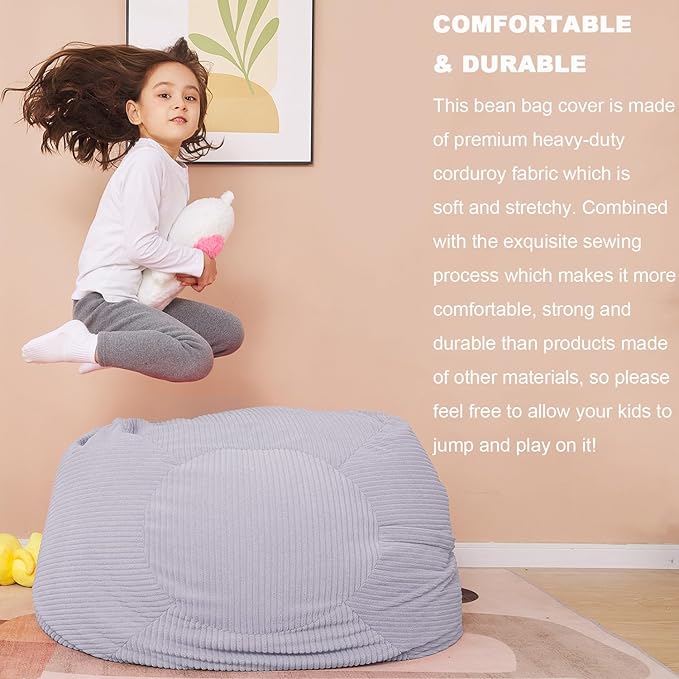 Stuffed Animal Storage Bean Bag Chair Cover for Kids, 38" Beanbag Chairs Cover Plush Toys Organizer Super Soft Corduroy with Handle and Zipper for Boys and Girls - Grey - LeafyLoom