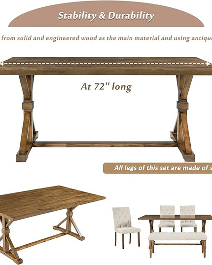 6-Piece Farmhouse Dining Table Set Wood Rectangular Tabletop, 4 Tufted Upholstered Chairs and Bench, for Dinette Room and Kitchen, Walnut, 72" L x 42" W x 30" H - LeafyLoom